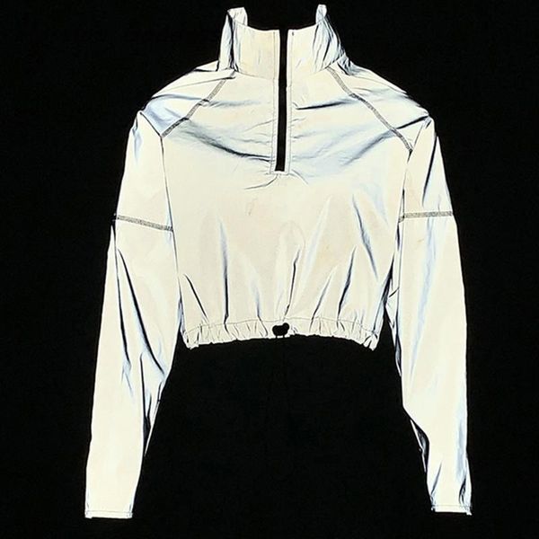 fall women reflective zipper jackets loose bling luminous jackets drawstring collect waist outcoat jogger windbreaker, Black;brown