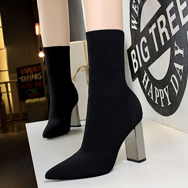 fashion ankle boots spring and autumn women's boots pointed toe chunky high heel black