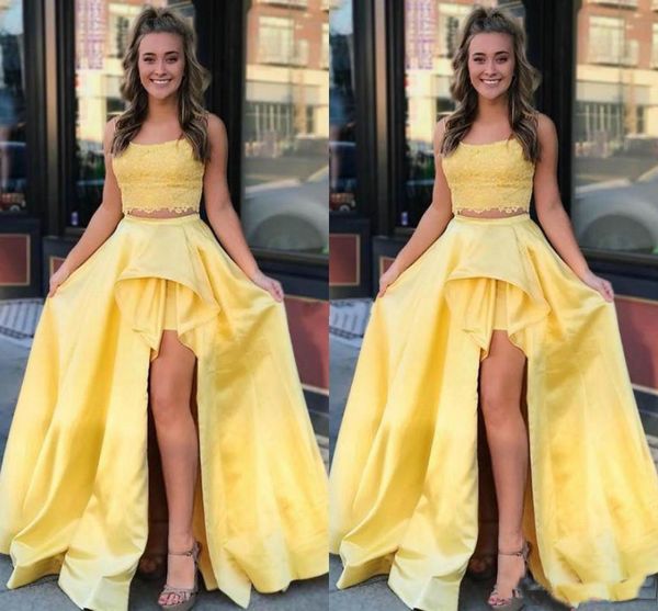 2019 elegant lace yellow prom dresses two pieces high side split sweep train a line formal party evening gowns modern special occasion dress, Black
2019 elegant lace yellow prom dresses two pieces high side split sweep train a line formal party evening gowns modern special occasion dress, Black