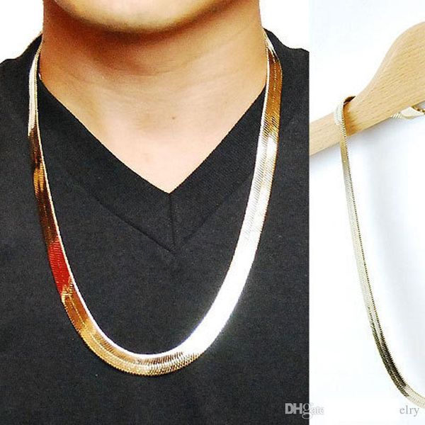 24k gold plated w10mm 75cm long hiphop franco fish bone snake chain fashion men statement necklace, Silver