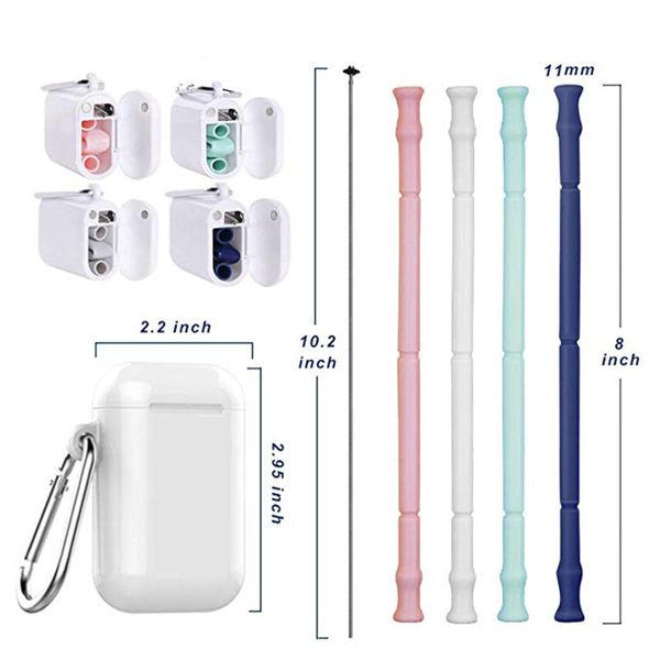 

portable travel silicone collapsible straws reusable folding drinking straw tube set with case and cleaning brush for kids adult