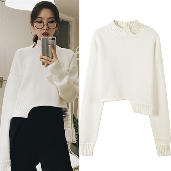 new small high collar pullover long sleeve white irregular short sweater trend, White;black
new small high collar pullover long sleeve white irregular short sweater trend, White;black