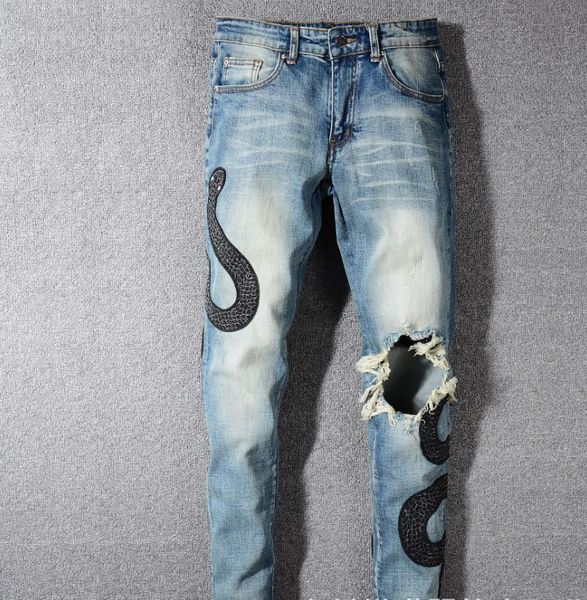 mens designer jeans brand snake embroidery hole slim elastic jeans casual fashion pencil pants zipper denim jeans, Blue
mens designer jeans brand snake embroidery hole slim elastic jeans casual fashion pencil pants zipper denim jeans, Blue
