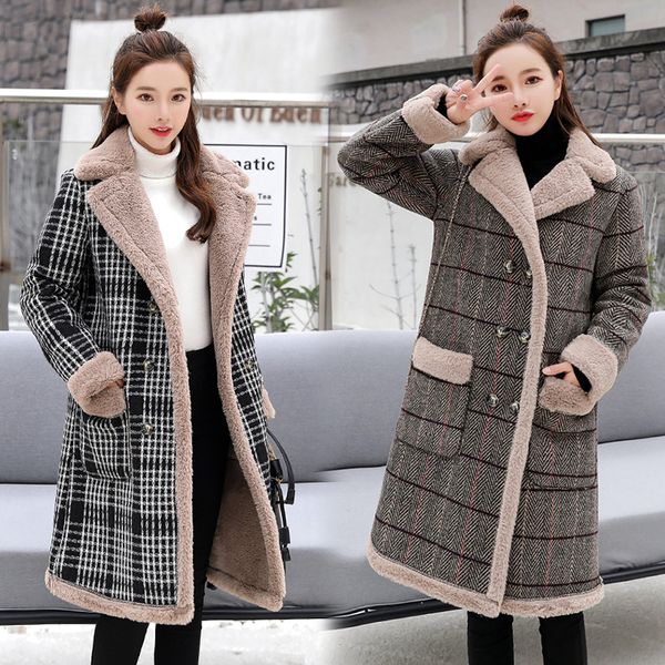 winter woman shearling coats checked plaid jackets outerwear female double breasted medium long thick warm faux lambs wool coat, Black;brown
winter woman shearling coats checked plaid jackets outerwear female double breasted medium long thick warm faux lambs wool coat, Black;brown