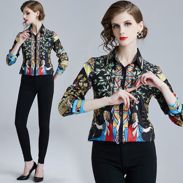 luxury spring fall runway women's fashion casual court-style blouses shirts office lady slim elegant floral print collar shirts, White 
luxury spring fall runway women's fashion casual court-style blouses shirts office lady slim elegant floral print collar shirts, White