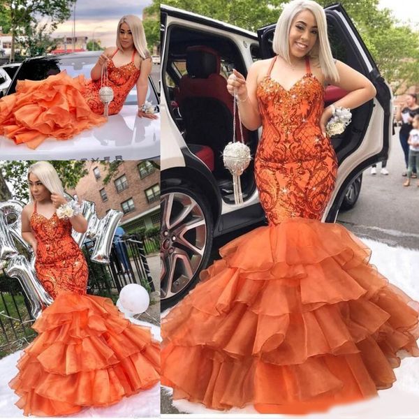 new african orange mermaid prom dresses halter sequins crystal beaded organza sequined ruffles tiered long evening party gowns, Black
new african orange mermaid prom dresses halter sequins crystal beaded organza sequined ruffles tiered long evening party gowns, Black