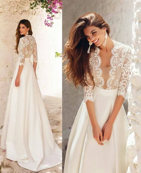 classy a line lace wedding dresses sheer jewel neck half sleeves bridal gowns sweep train satin robe de mariée, White
classy a line lace wedding dresses sheer jewel neck half sleeves bridal gowns sweep train satin robe de mariée, White