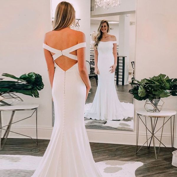 elegant mermaid wedding dresses off the shoulder simple bridal dresses beach backless wedding gowns with covered button, White
elegant mermaid wedding dresses off the shoulder simple bridal dresses beach backless wedding gowns with covered button, White