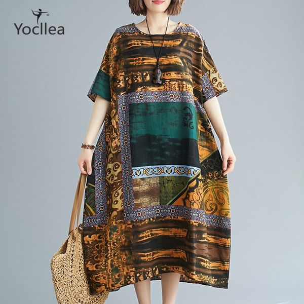 

summer dress large size women's dresses loose short sleeve cotton and linen dress printed casual vestido, Black;gray