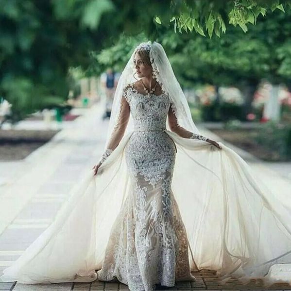 2020 new mermaid wedding dresses scoop neck lace appliques long sleeves open back illusion plus size with overskirts bridal gowns, White
2020 new mermaid wedding dresses scoop neck lace appliques long sleeves open back illusion plus size with overskirts bridal gowns, White