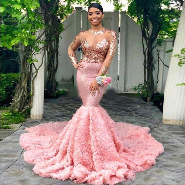 pink mermaid prom dresses jewel neck illusion long sleeve evening dresses 3d flower sweep train south africal prom gowns, Black
pink mermaid prom dresses jewel neck illusion long sleeve evening dresses 3d flower sweep train south africal prom gowns, Black