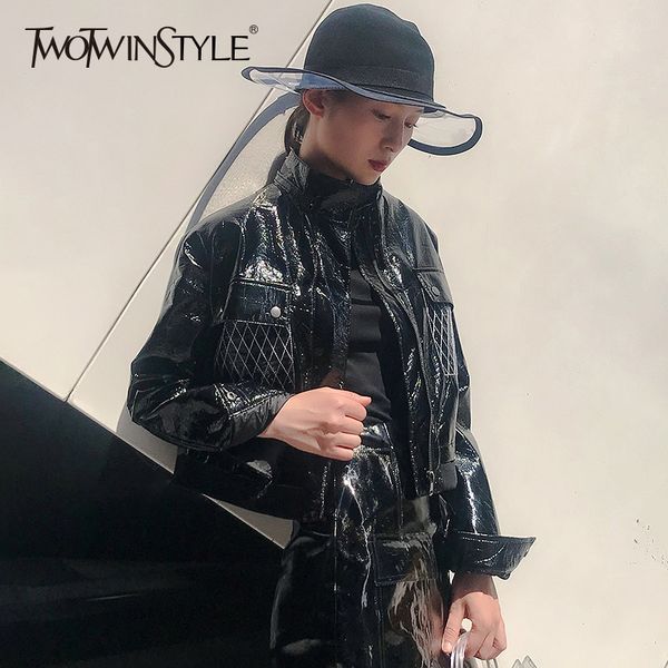 twotwinstyle coat female zipper pocket stand collar long sleeve short pu jacket for women 2019 autumn fashion punk style, Black
twotwinstyle coat female zipper pocket stand collar long sleeve short pu jacket for women 2019 autumn fashion punk style, Black