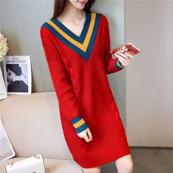 2019 women's fashion winter sweater v-neck sweater dress long loose knit patchwork color dress, White;black
2019 women's fashion winter sweater v-neck sweater dress long loose knit patchwork color dress, White;black