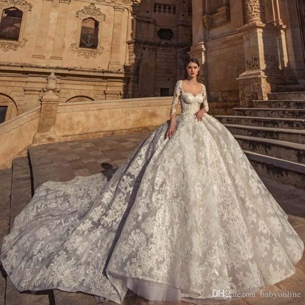gorgeous full lace ball gown wedding dresses luxury lace appliques chapel train long sleeve sweetheart dubai arabic wedding bridal gowns, White
gorgeous full lace ball gown wedding dresses luxury lace appliques chapel train long sleeve sweetheart dubai arabic wedding bridal gowns, White