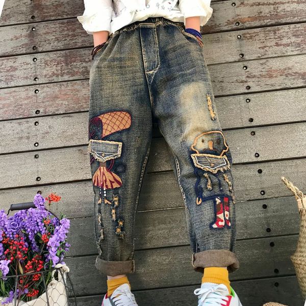 

jeans denim harem pants trousers for women big size embroidery patches loose oversized bleached casual cute fashion180053, Blue