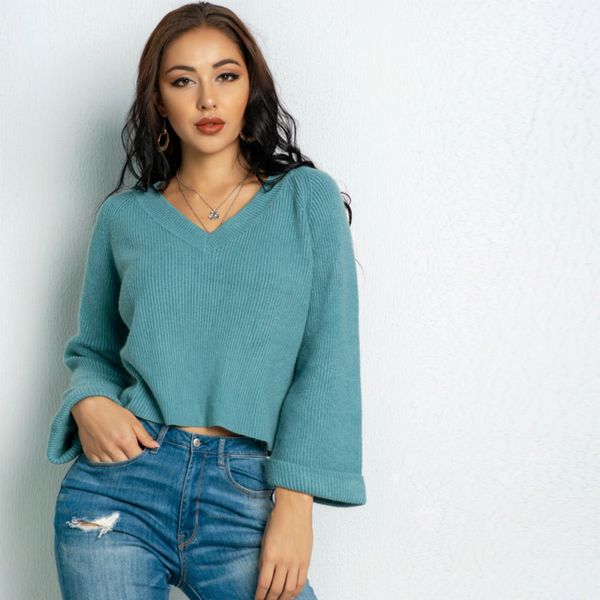 women's sweaters style for autumn and winter loose v-neck pullover solid color knitted sweater long sleeve short women, White;black
women's sweaters style for autumn and winter loose v-neck pullover solid color knitted sweater long sleeve short women, White;black