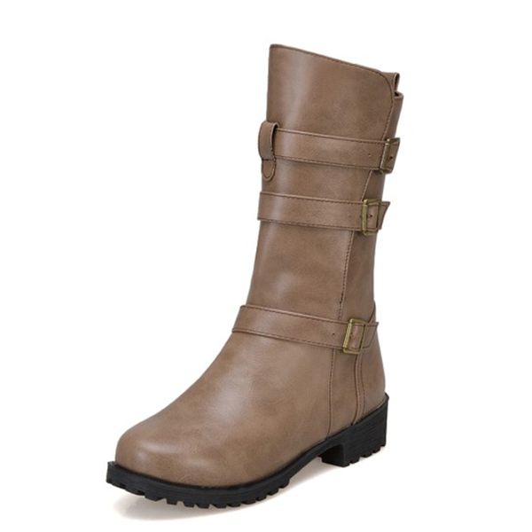 

kalenmos mid calf boots women waterproof zip autumn winter shoes low heel buckle black biker boots women footwear size 34-43