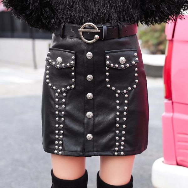 women high waist button rivet splice slim black pu leather mini skirts female streetwear punk gothic club bodycon skirt
women high waist button rivet splice slim black pu leather mini skirts female streetwear punk gothic club bodycon skirt