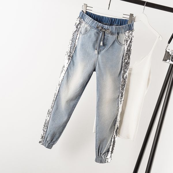 largesize patchwork sequined jeans women washed denim trouser jeans female elastic waist cargo pants side striped, Blue
largesize patchwork sequined jeans women washed denim trouser jeans female elastic waist cargo pants side striped, Blue