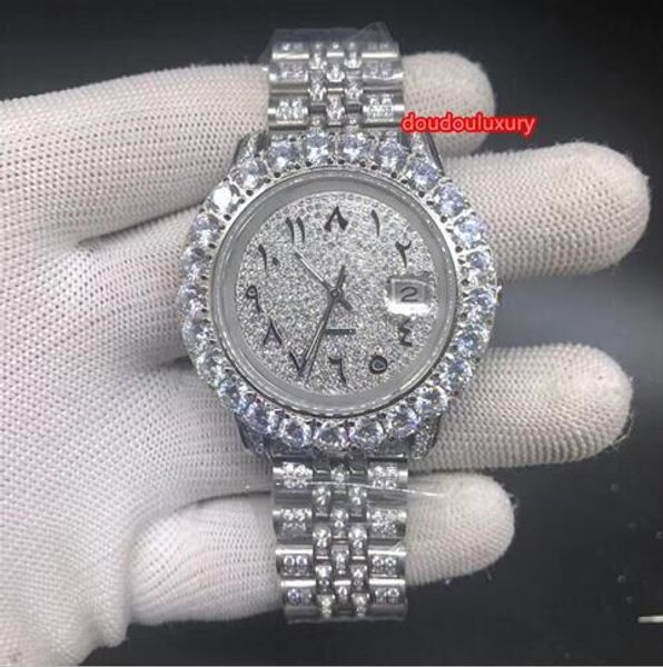 prong set diamond men's fashion watch diamond stainless steel boutique watch arabic digital scale calendar automatic mechanical watch, Slivery;brown