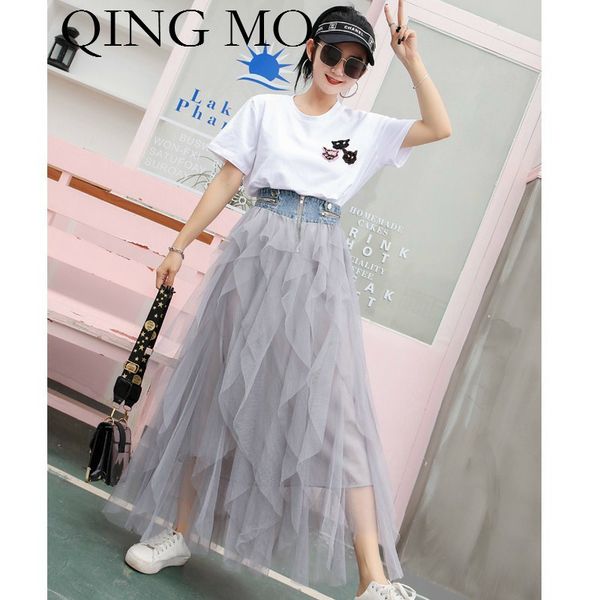 qing mo women denim mesh patchwork skirt women light grey empire waistline floor-length tassel summer skirt 2019 fashion zqy166, Black
qing mo women denim mesh patchwork skirt women light grey empire waistline floor-length tassel summer skirt 2019 fashion zqy166, Black