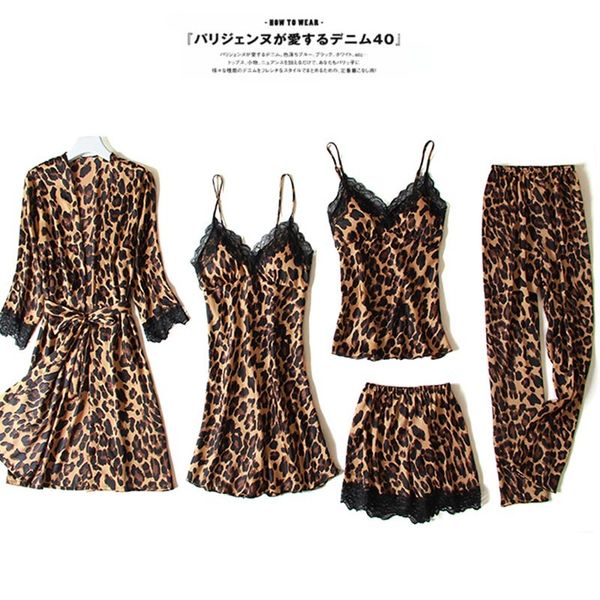new ladies 5 pieces pajamas set autumn leopard print lace ice satin silk women pajamas set with chest pads home service, Black;red
new ladies 5 pieces pajamas set autumn leopard print lace ice satin silk women pajamas set with chest pads home service, Black;red
