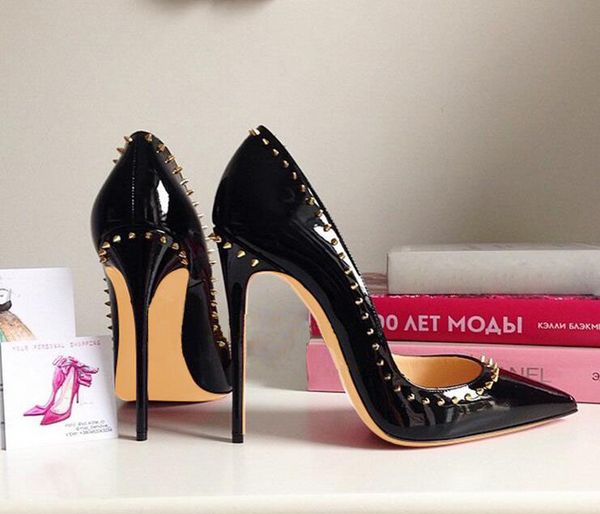 golden rivets rim ladies pointy toe high heels fashion black patent leather women wedding shoes party stiletto
golden rivets rim ladies pointy toe high heels fashion black patent leather women wedding shoes party stiletto