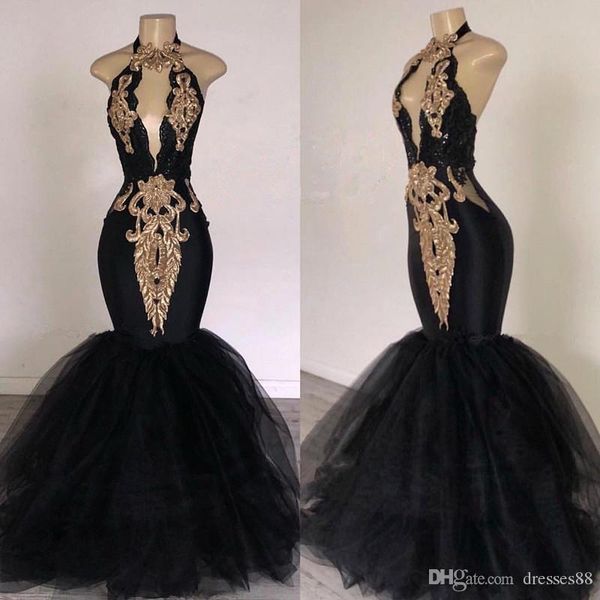 2019 mermaid black prom dresses with gold appliqued south africa formal evening dress halter neck sweep train occasion party dresses, Black;red
2019 mermaid black prom dresses with gold appliqued south africa formal evening dress halter neck sweep train occasion party dresses, Black;red