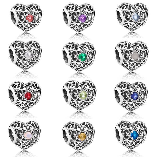 

925 sterling silver openwork heart charm month signature heart birthstone bead fit pandora bracelet diy jewelry, Black