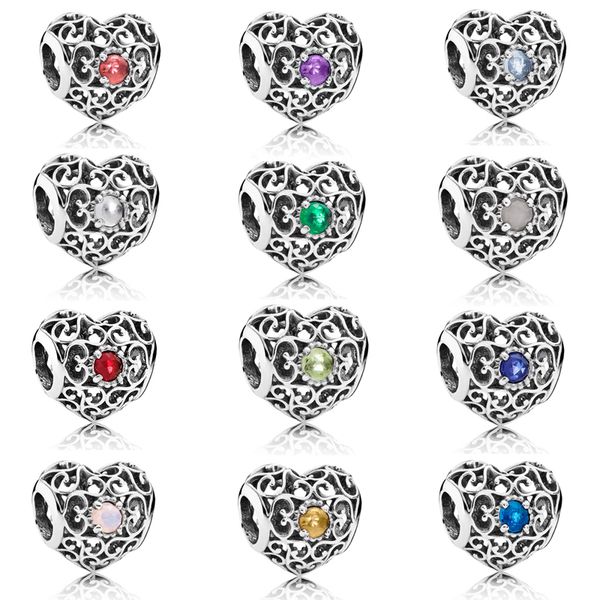 

925 sterling silver openwork heart charm month signature heart birthstone bead fit pandora bracelet diy jewelry, Black