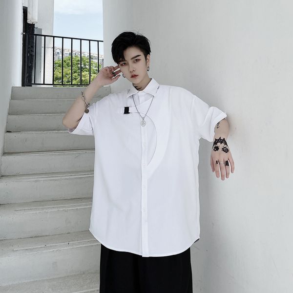 male streetwear hip hop shirt men summer new short sleeve buckle casual black white loose shirt, White;black
male streetwear hip hop shirt men summer new short sleeve buckle casual black white loose shirt, White;black