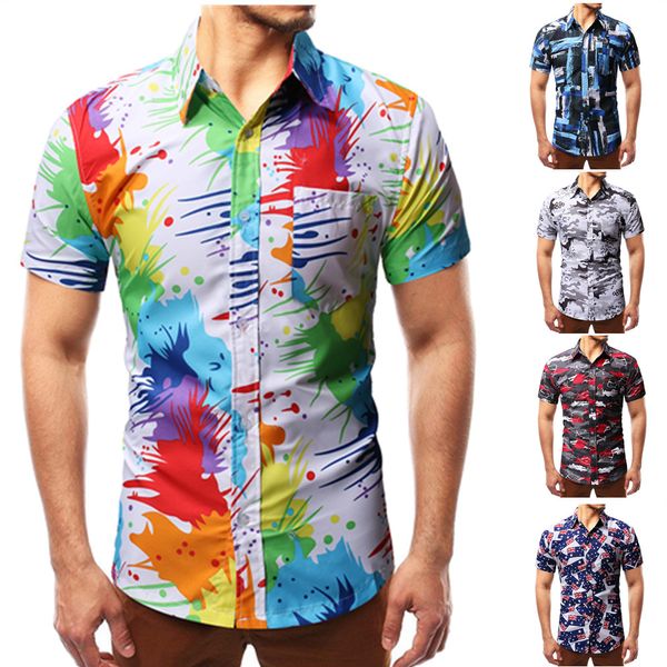 

mens colorful splatter paint pattern print shirt brand design slim fit short sleeve chemise homme fashion splash ink shirts men, White;black