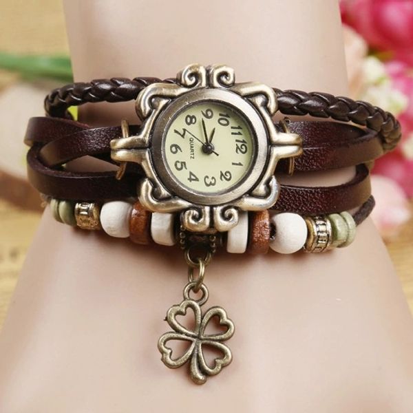 wristwatch clover tag leather strap watch fashion dress watches leaf flower pendant retro quartz bracelet clock, Slivery;brown 
wristwatch clover tag leather strap watch fashion dress watches leaf flower pendant retro quartz bracelet clock, Slivery;brown