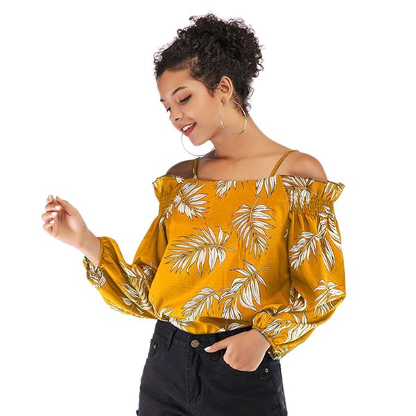 women's clothing leaf printing strap chiffon shirt female word one shoulder print, White
women's clothing leaf printing strap chiffon shirt female word one shoulder print, White