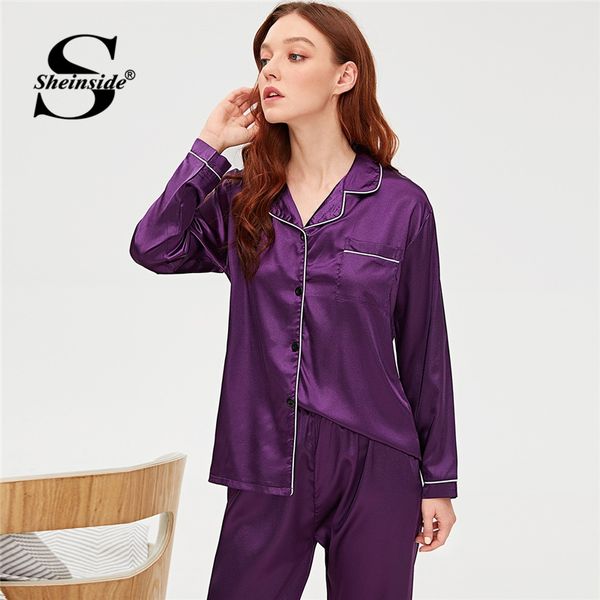 

sheinside purple contrast binding satin pajamas femme button pocket front sleepwear elegant pajama set for women solid nightwear, Blue;gray
