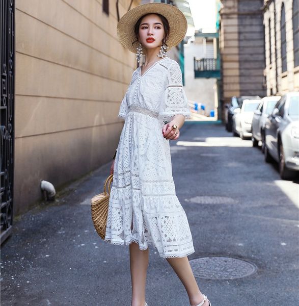 Womens Dress Crocheted Openwork Lace Dress Short-sleeved High-waisted Fairy White Dress Casual Style Color White Asian Size S-L
Womens Dress Crocheted Openwork Lace Dress Short-sleeved High-waisted Fairy White Dress Casual Style Color White Asian Size S-L