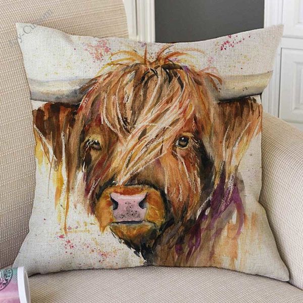 

watercolor splash art scotland highland cow yak long hair cattle sofa throw pillow case cotton linen cushion cover home decor