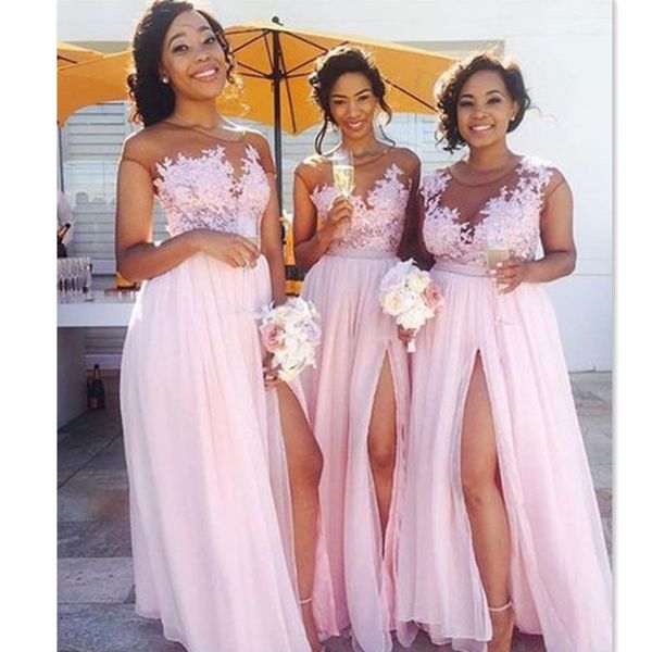 2019 light pink bridesmaids dresses split side chiffon sheer appliques a-line floor length cap sleeve maid of honor gowns for weddings party, White;pink
2019 light pink bridesmaids dresses split side chiffon sheer appliques a-line floor length cap sleeve maid of honor gowns for weddings party, White;pink