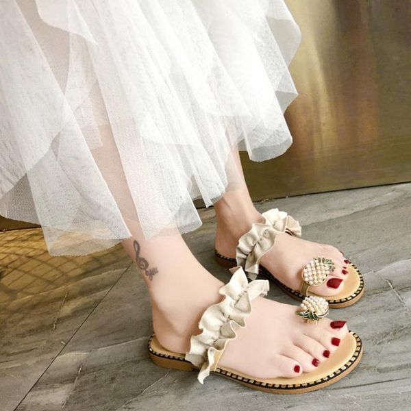 pineapple pattern toe ring women sliders frill hem casual flat with sandals rome style outside summer shoes, Black
pineapple pattern toe ring women sliders frill hem casual flat with sandals rome style outside summer shoes, Black