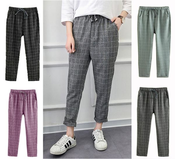 womens designerautumn drawstring plaid cotton linen loose casual large size trousers, Black;white
womens designerautumn drawstring plaid cotton linen loose casual large size trousers, Black;white