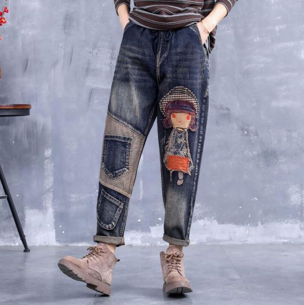 2019 autumn winter new vintage jeans women embroidered patch loose plus size elastic waist denim trousers p292, Blue
2019 autumn winter new vintage jeans women embroidered patch loose plus size elastic waist denim trousers p292, Blue