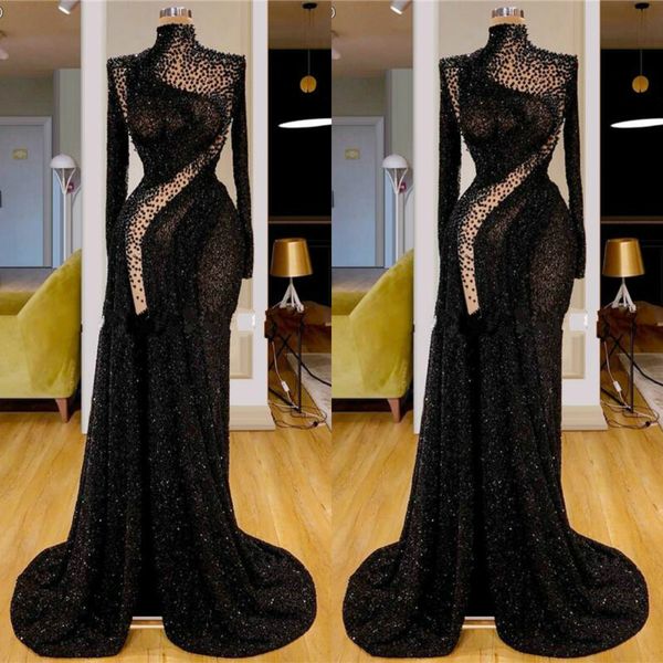 sparkly black mermaid prom dresses high neck beaded sequins long sleeves evening gown high split sweep train custom made formal party gowns, Black;red
sparkly black mermaid prom dresses high neck beaded sequins long sleeves evening gown high split sweep train custom made formal party gowns, Black;red