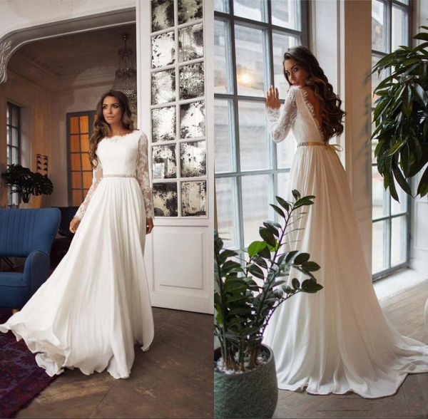 long sleeves lace bateau a-line chiffon beach wedding dresses eleagnt open back beach bohemain bridal gown, White
long sleeves lace bateau a-line chiffon beach wedding dresses eleagnt open back beach bohemain bridal gown, White