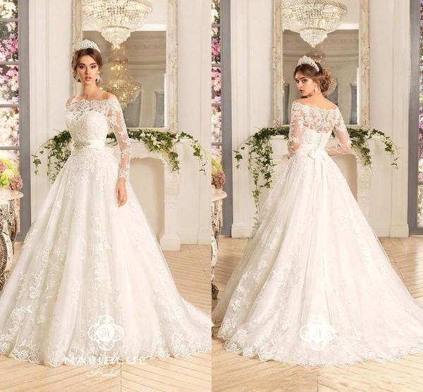 bateau long sleeve a line wedding dresses with beaded sash full lace appliques bridal gown vestido de fiesta bm1621, White
bateau long sleeve a line wedding dresses with beaded sash full lace appliques bridal gown vestido de fiesta bm1621, White