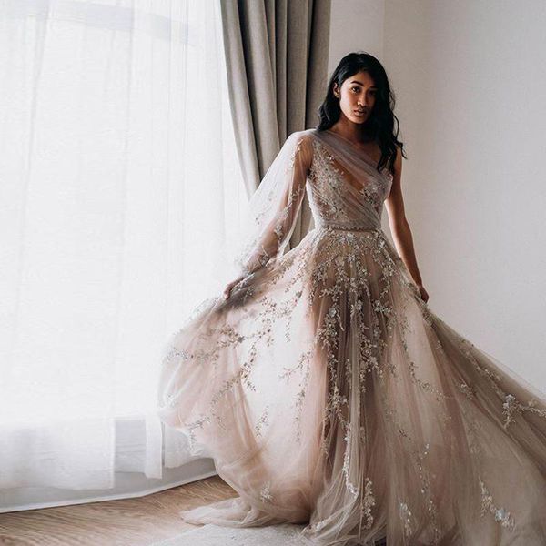 modest see through a line beach wedding dresses one long sleeve lace appliques beaded sequined tulle bohemian wedding gown bridal dress, White
modest see through a line beach wedding dresses one long sleeve lace appliques beaded sequined tulle bohemian wedding gown bridal dress, White