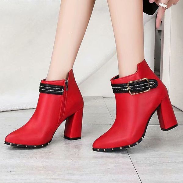 buckle strap boots women casual pu leather pointed toe rivet short boots high heels thick heel shoes botines mujer 2019, Black
buckle strap boots women casual pu leather pointed toe rivet short boots high heels thick heel shoes botines mujer 2019, Black