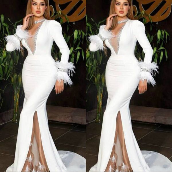 2020 arabic white mermaid prom dresses with feather beaded long sleeve side split formal evening gowns custom made plus size party dress, Black;red
2020 arabic white mermaid prom dresses with feather beaded long sleeve side split formal evening gowns custom made plus size party dress, Black;red