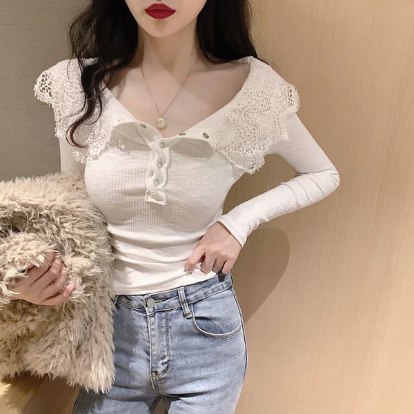 stitching lapel long sleeve winter all-match slim solid color base lace lace t-shirt female, White
stitching lapel long sleeve winter all-match slim solid color base lace lace t-shirt female, White
