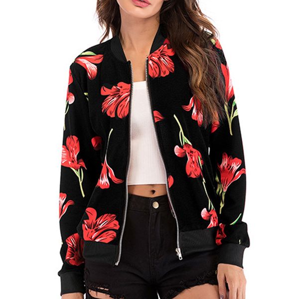 women floral printed stand collar bomber jacket slim fit autumn zipper up casual outwear long sleeve short coat baseball, Black;brown
women floral printed stand collar bomber jacket slim fit autumn zipper up casual outwear long sleeve short coat baseball, Black;brown