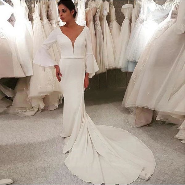 romantic v neck mermaid wedding dress with long bell sleeves sweep train women bridal dress v beck wedding gowns, White
romantic v neck mermaid wedding dress with long bell sleeves sweep train women bridal dress v beck wedding gowns, White